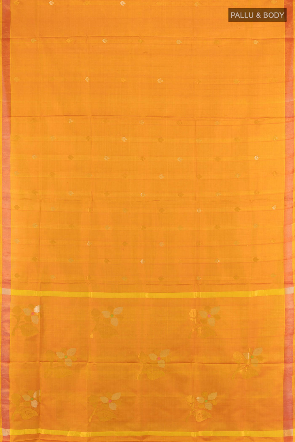 Flat view of Pure Silk Mustard Uppada Saree with Zari Butta on the body and Zari Border. 