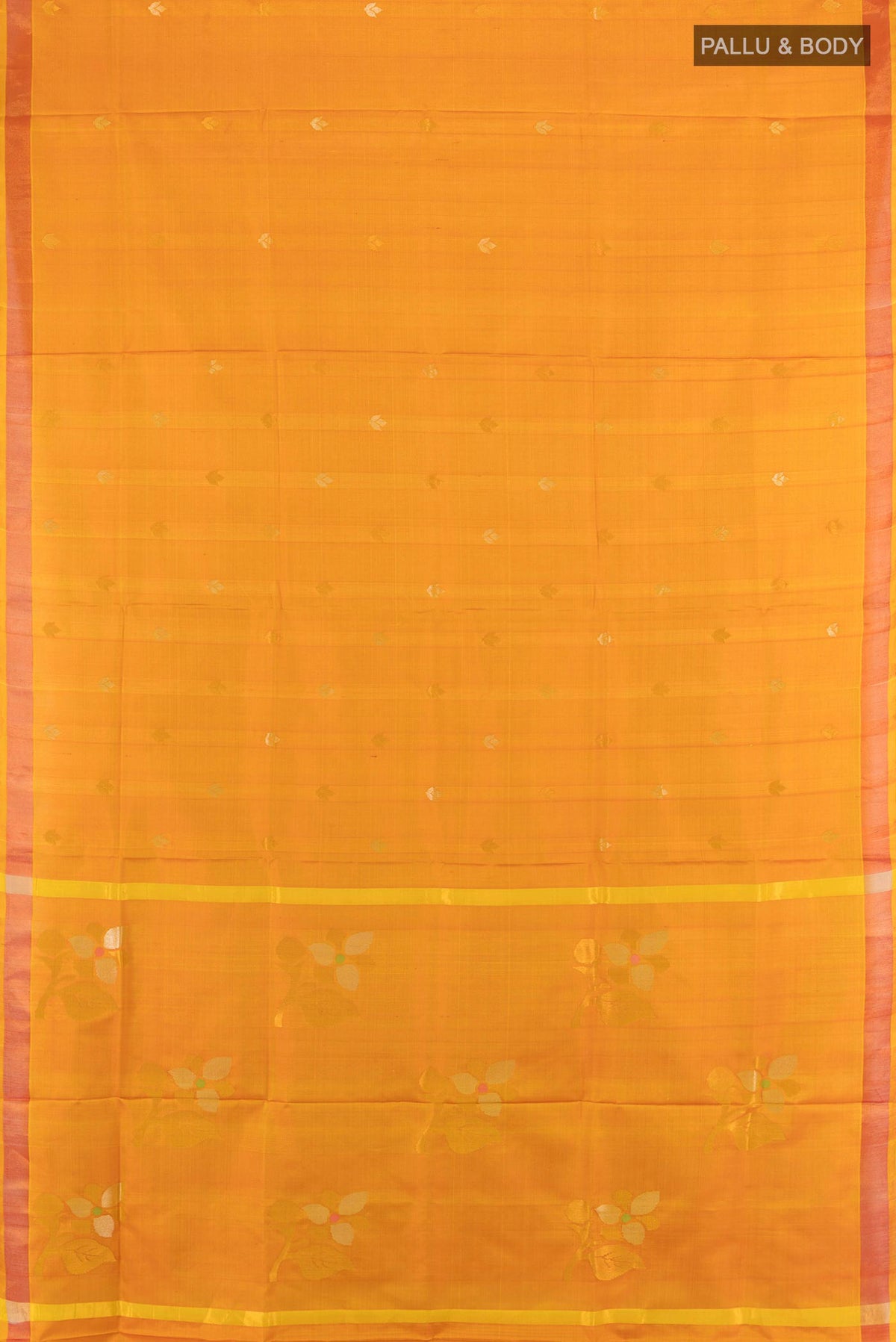 Flat view of Pure Silk Mustard Uppada Saree with Zari Butta on the body and Zari Border. 