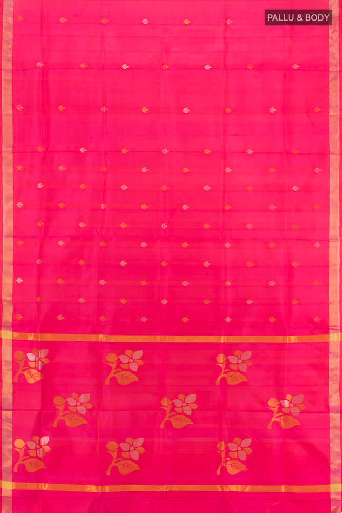 Flat view of Peach Uppada Silk Saree with Zari Brocade on the body and Silk Border. 
