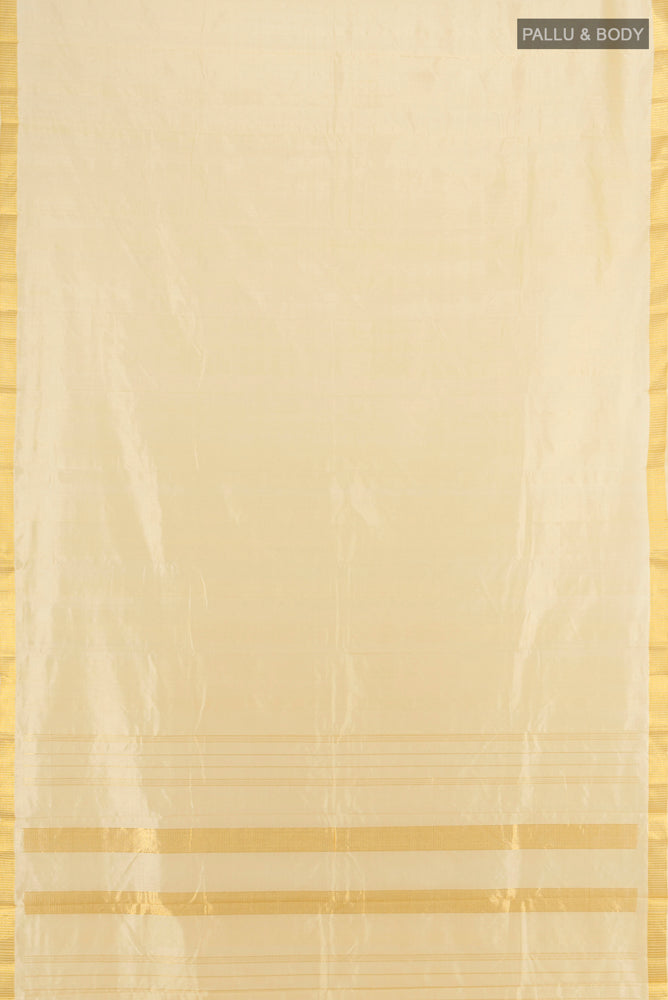 Flat view of Cream Kanjivaram Silk Saree with Plain Body and Silk Border. 