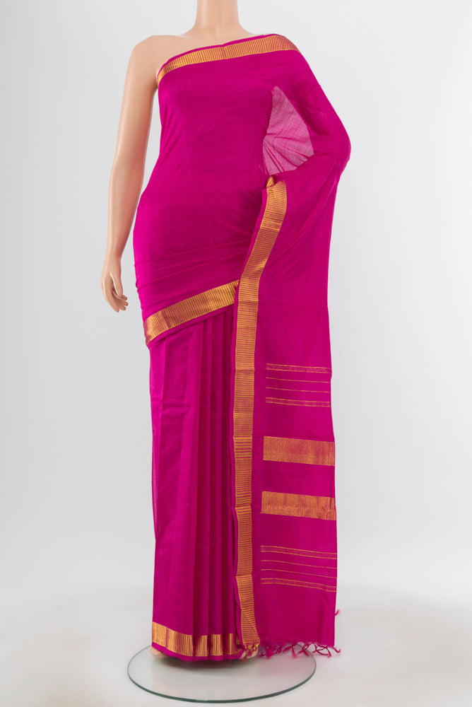 Pure Silk Pure Zari Magenta Kanchipuram Saree with Checked design on the body and Silk Border.  displayed on a mannequin