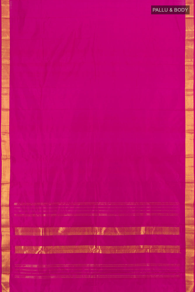 Flat view of Pure Silk Pure Zari Magenta Kanchipuram Saree with Checked design on the body and Silk Border. 