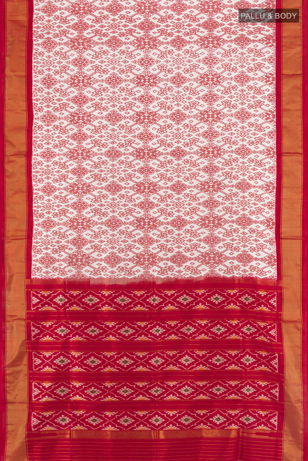 Flat view of Off White Pochampally Silk Saree with Pure Ikat on the body and Zari Border. 