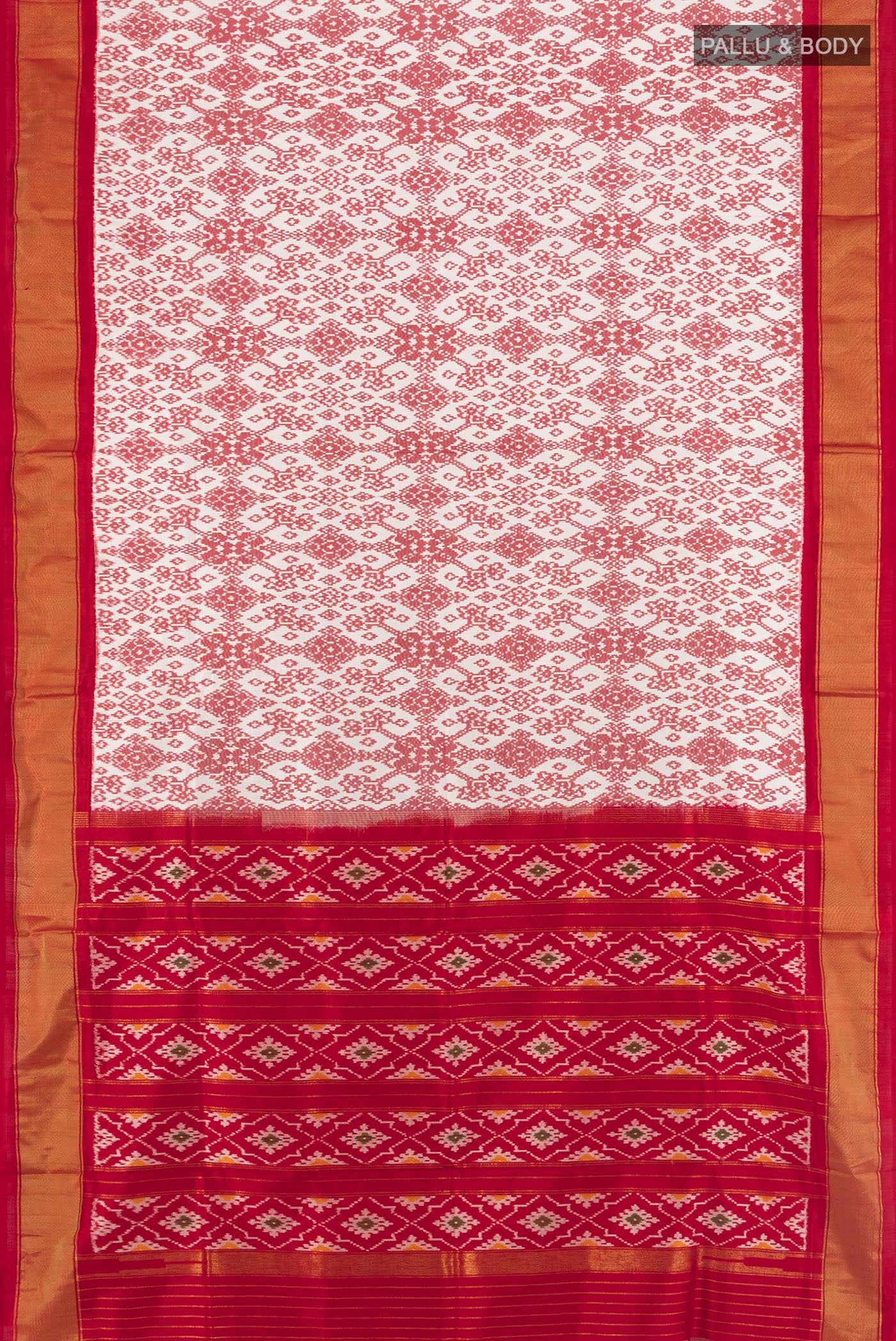 Flat view of Off White Pochampally Silk Saree with Pure Ikat on the body and Zari Border. 