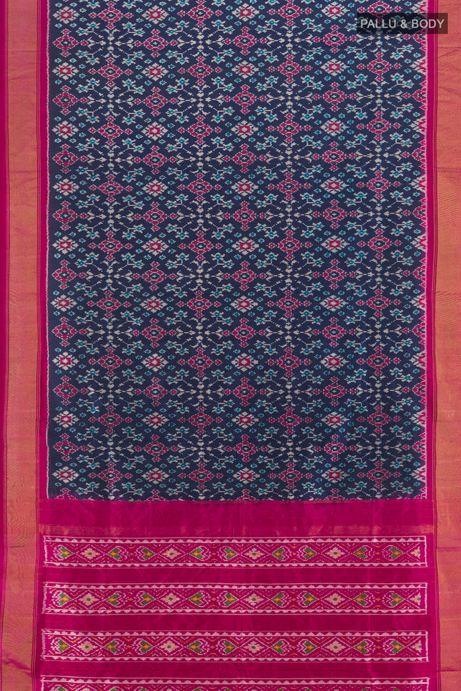 Flat view of Pure Silk Pure Zari Multi Color Pochampally Saree with Ikat Print on the body and Silk Border. 