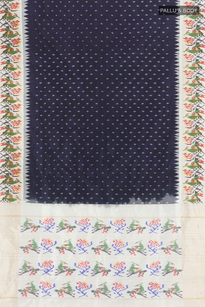 Flat view of Navy Blue Pochampally Saree with Ikat Print on the body and Silk Border. 