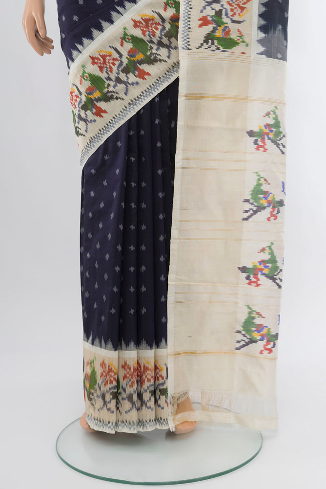 Pleats and pallu of Navy Blue Pochampally Saree with Ikat Print on the body and Silk Border. 