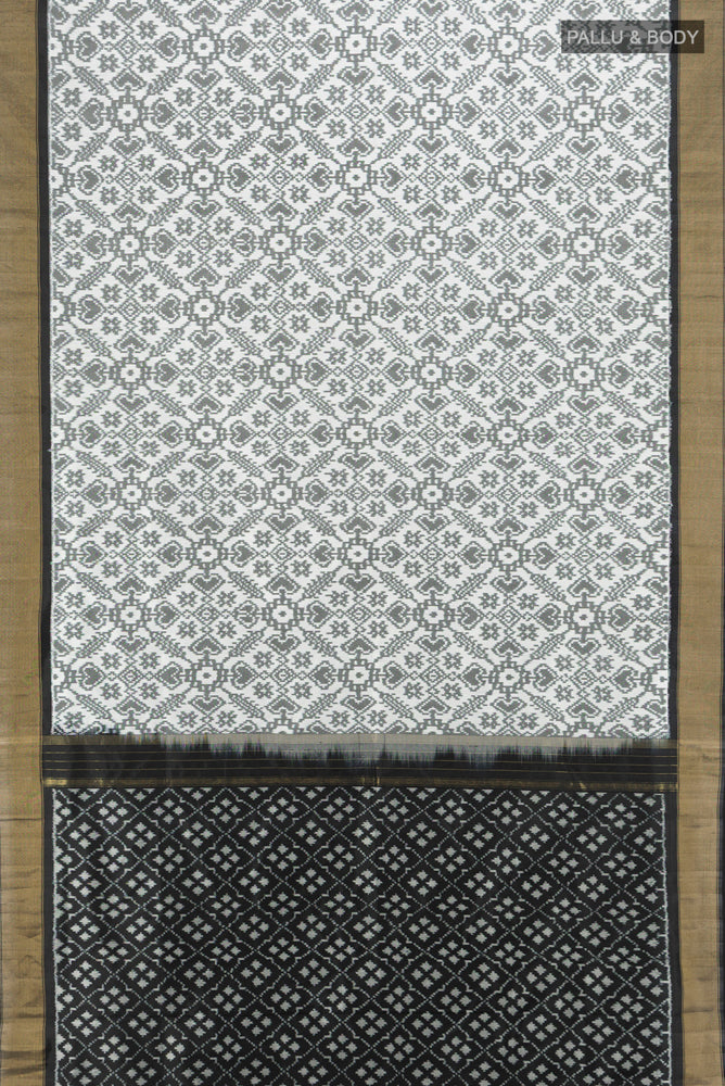 Flat view of Multi Color Pochampally Saree with Ikat Print on the body and Silk Border. 