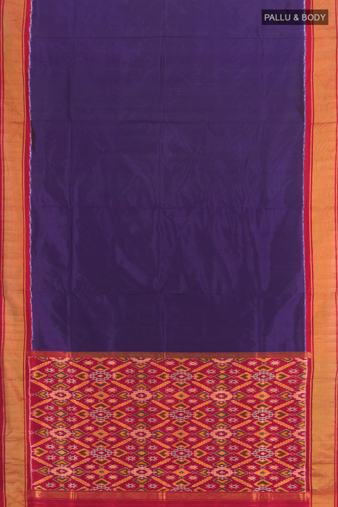 Flat view of Dark Blue Pochampally Saree with Ikat Print on the body and Silk Border. 