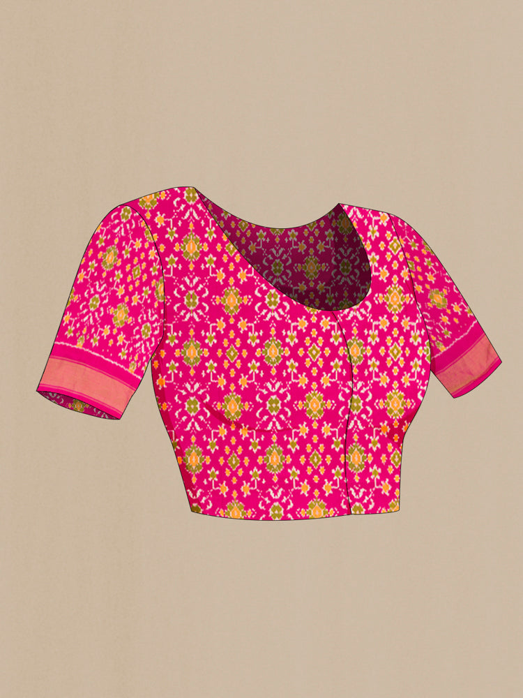 Close up image of the blouse of Davys Grey Pochampally Saree with Ikat Print on the body and Silk Border. 