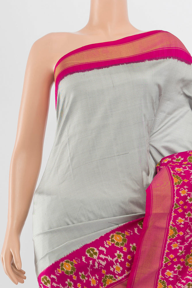 Border image of Davys Grey Pochampally Saree with Ikat Print on the body and Silk Border. 