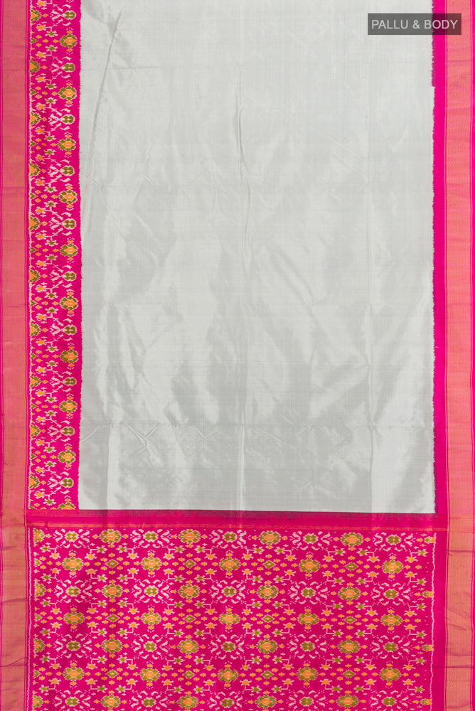 Flat view of Davys Grey Pochampally Saree with Ikat Print on the body and Silk Border. 