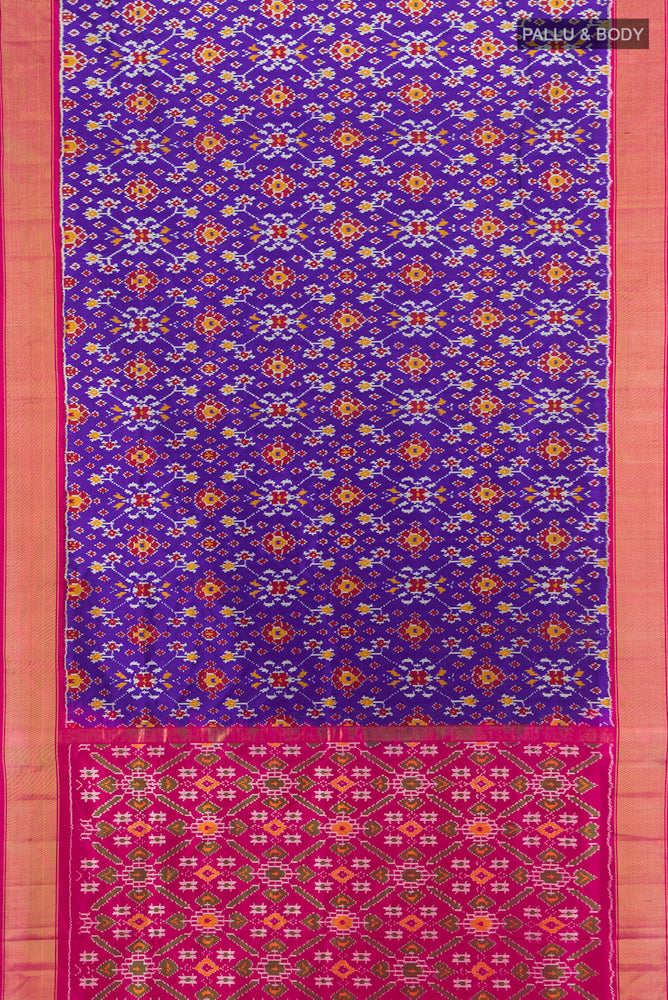 Flat view of Dark Blue Pochampally Saree with Ikat Print on the body and Silk Border. 