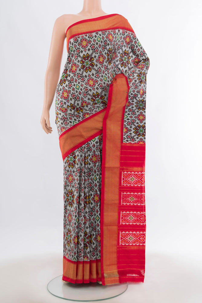 Davys Grey Pochampally Saree with Ikat Print on the body and Silk Border.  displayed on a mannequin