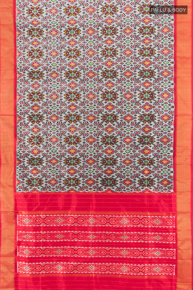 Flat view of Davys Grey Pochampally Saree with Ikat Print on the body and Silk Border. 