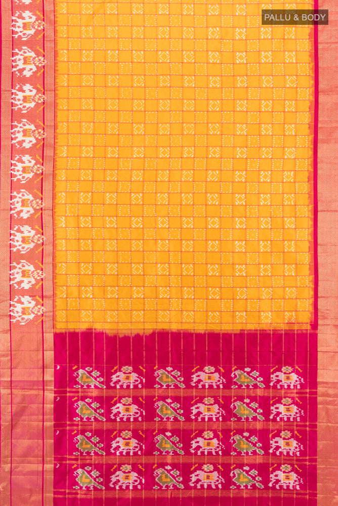 Flat view of Yellow Pochampally Saree with Ikat Print on the body and Silk Border. 