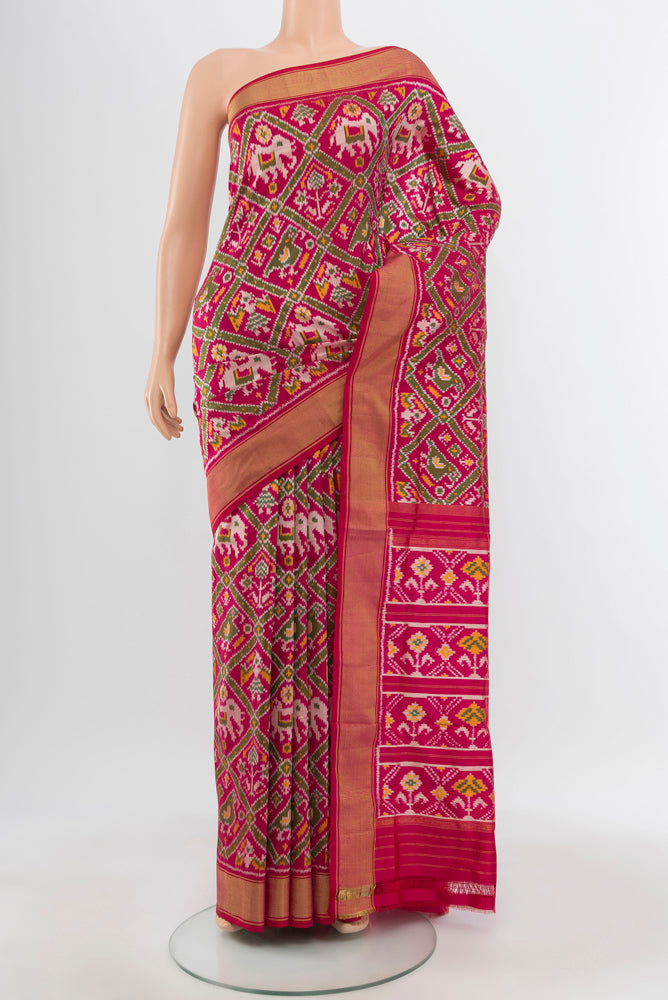 Multi Color Pochampally Saree with Ikat Print on the body and Silk Border.  displayed on a mannequin