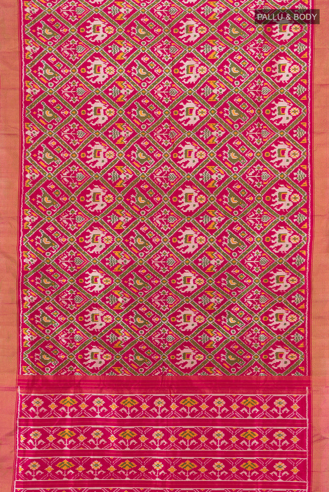 Flat view of Multi Color Pochampally Saree with Ikat Print on the body and Silk Border. 