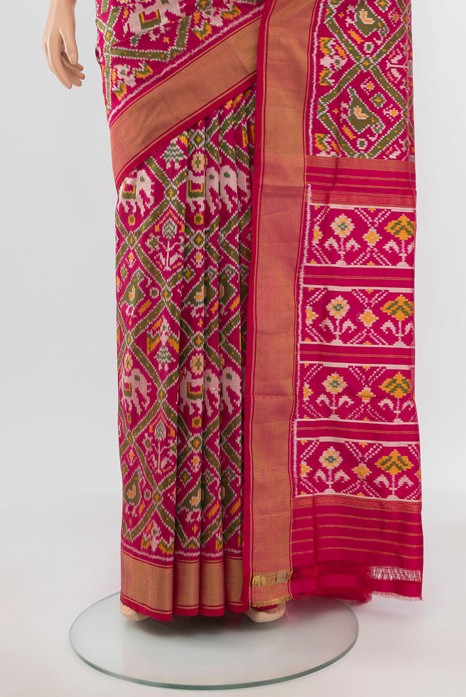 Pleats and pallu of Multi Color Pochampally Saree with Ikat Print on the body and Silk Border. 