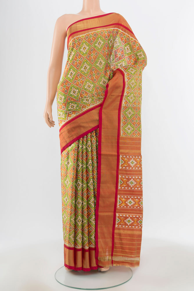 Pure Silk Pure Zari Multi Color Pochampally Saree with Ikat Print on the body and Silk Border.  displayed on a mannequin