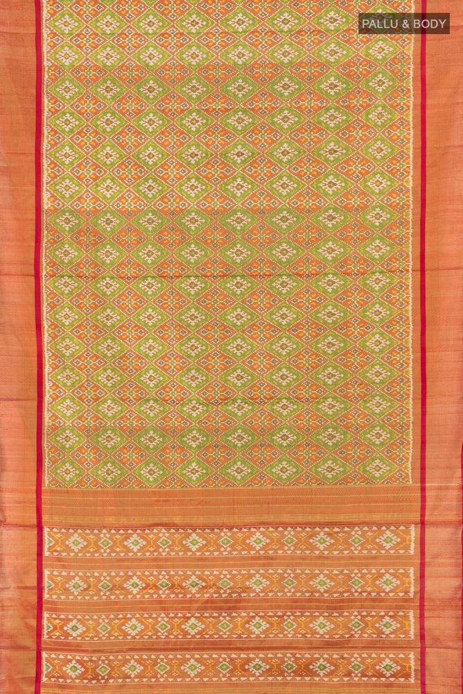 Flat view of Pure Silk Pure Zari Multi Color Pochampally Saree with Ikat Print on the body and Silk Border. 
