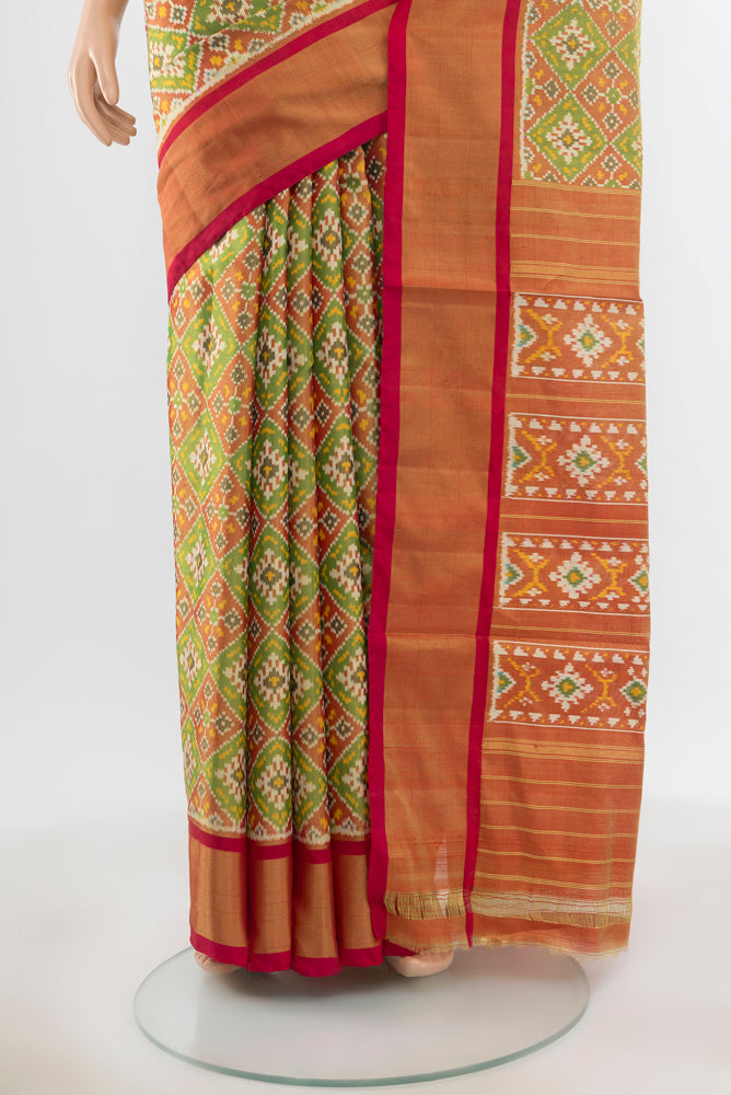Pleats and pallu of Pure Silk Pure Zari Multi Color Pochampally Saree with Ikat Print on the body and Silk Border. 