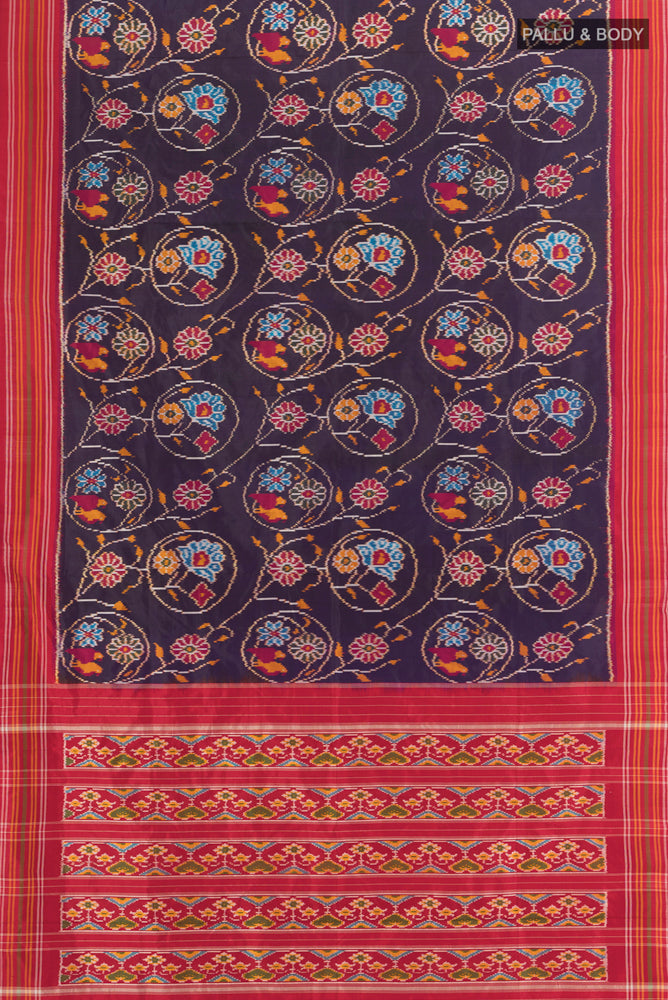 Flat view of Navy Blue Pochampally Saree with Ikat Print on the body and Silk Border. 