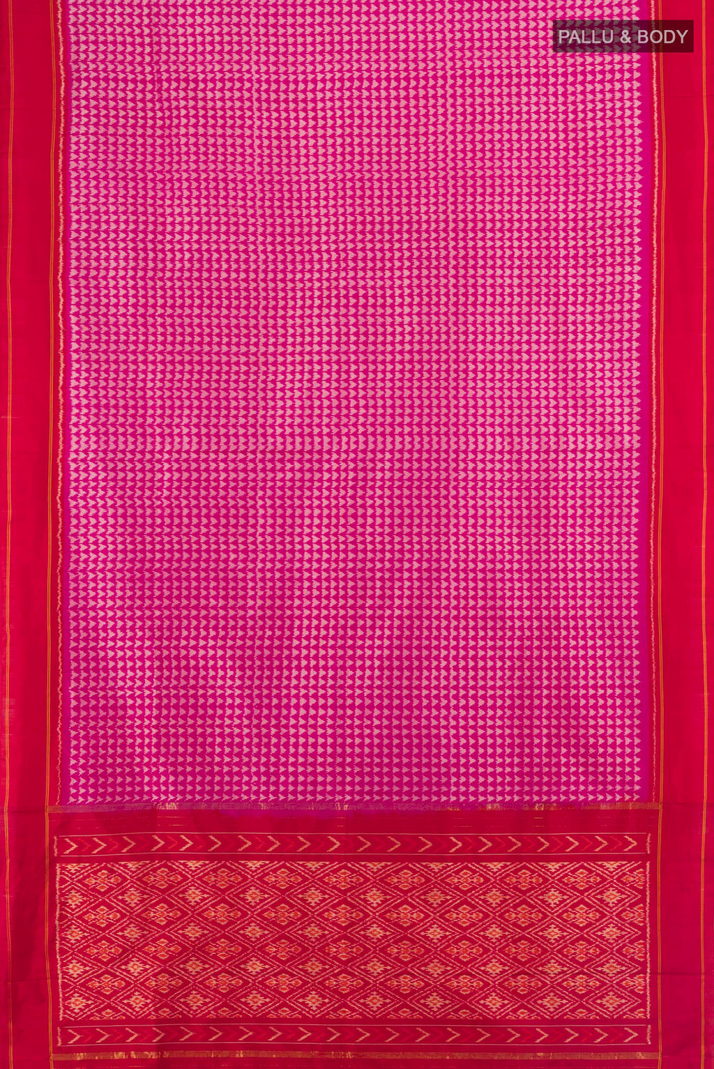 Flat view of Pure Silk Pink Pochampally Saree with Pure Ikat on the body and Plain Border. 