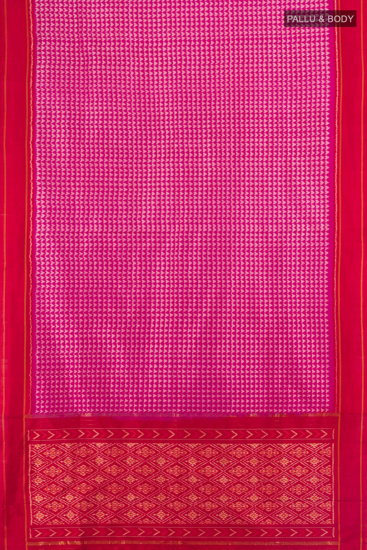Flat view of Pure Silk Pink Pochampally Saree with Pure Ikat on the body and Plain Border. 