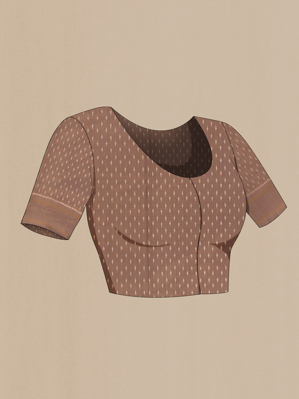 Close up image of the blouse of Brown Pochampally Silk Saree with Ikat design on the body and Plain Border. 