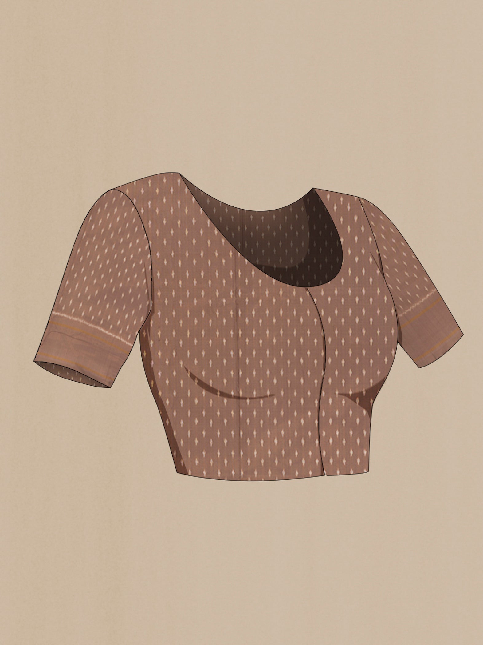 Close up image of the blouse of Brown Pochampally Silk Saree with Ikat design on the body and Plain Border. 