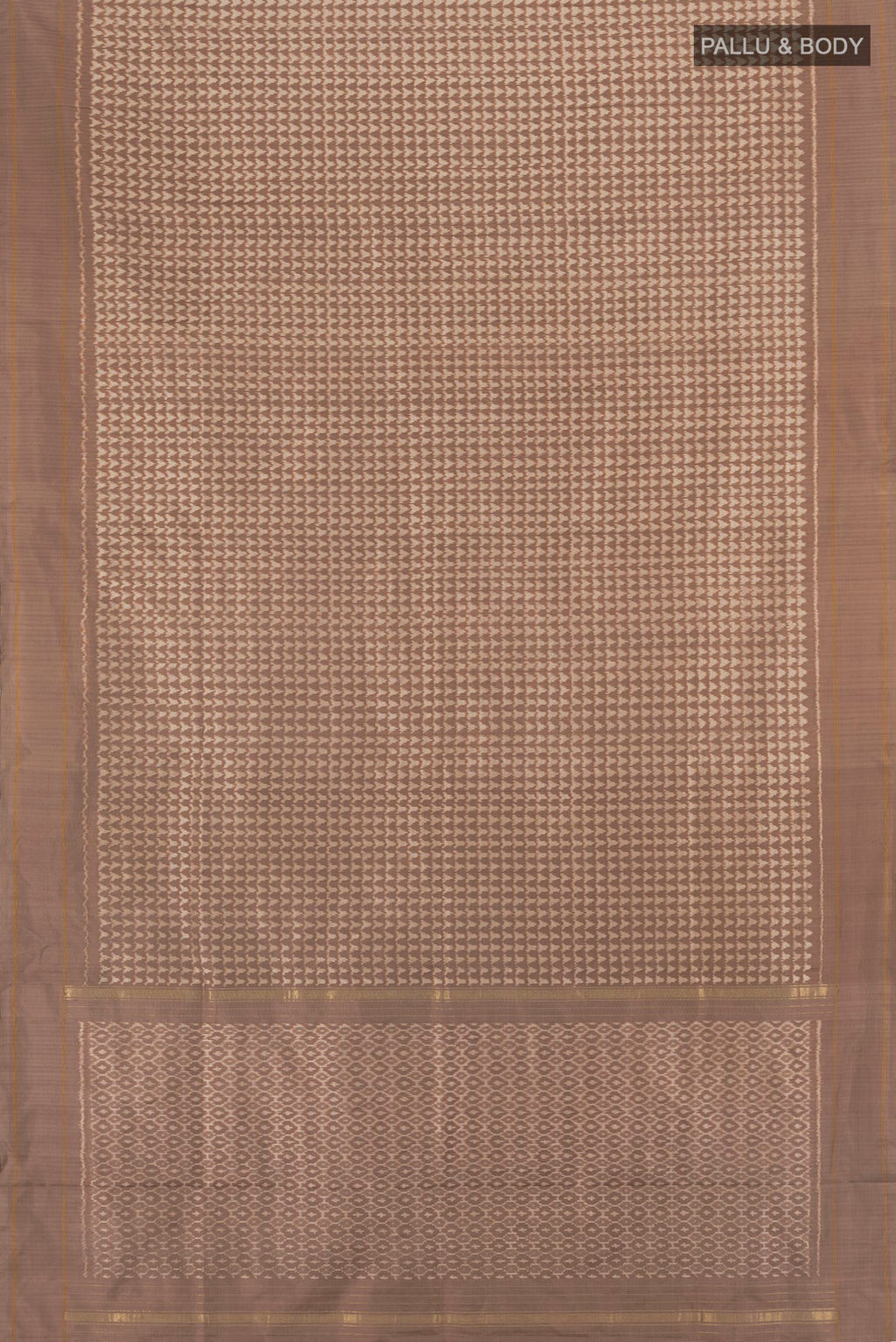 Flat view of Brown Pochampally Silk Saree with Ikat design on the body and Plain Border. 