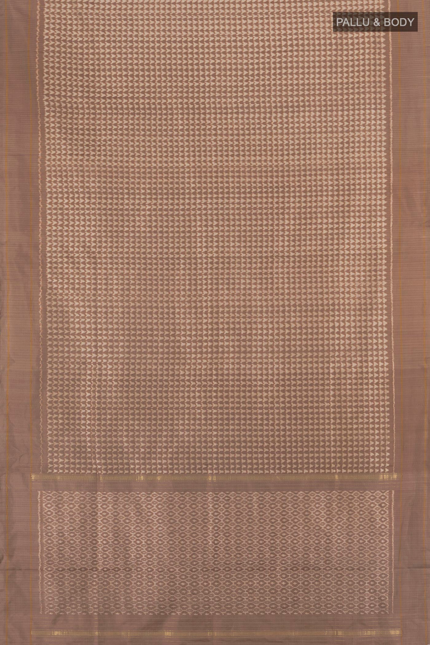 Flat view of Brown Pochampally Silk Saree with Ikat design on the body and Plain Border. 