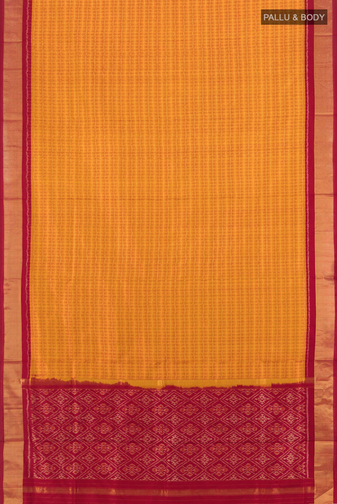 Flat view of Mustard Pochampally Saree with Ikat Print on the body and Silk Border. 