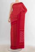 Pure Silk Red Pochampally Saree with Pure Ikat on the body and Plain Border.  displayed on a mannequin