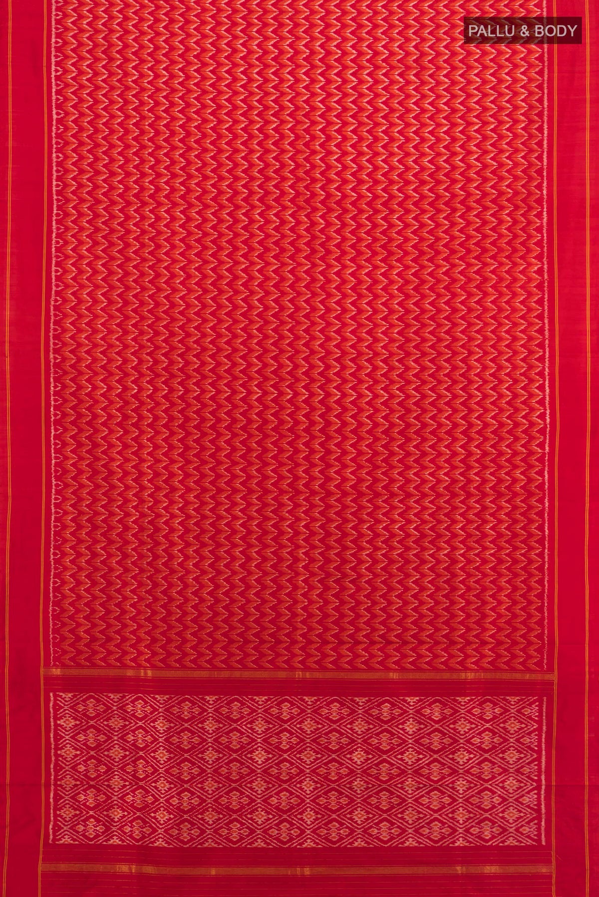 Flat view of Pure Silk Red Pochampally Saree with Pure Ikat on the body and Plain Border. 