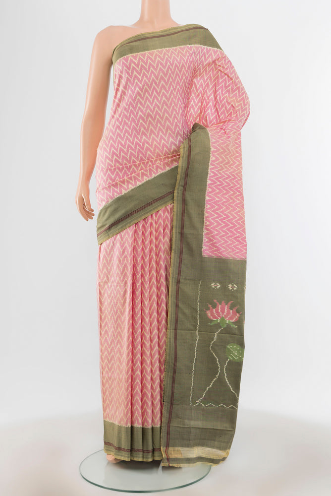 Multi Color Pochampally Saree with Ikat Print on the body and Silk Border.  displayed on a mannequin