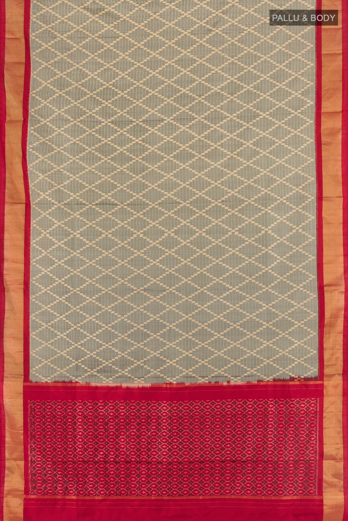 Flat view of Grey Pochampally Silk Saree with Ikat design on the body and Zari Border. 