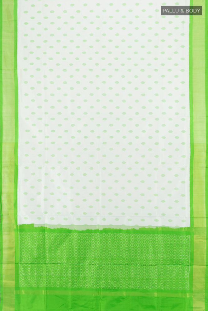 Flat view of Off White Pochampally Saree with Ikat Print on the body and Fancy Border. 