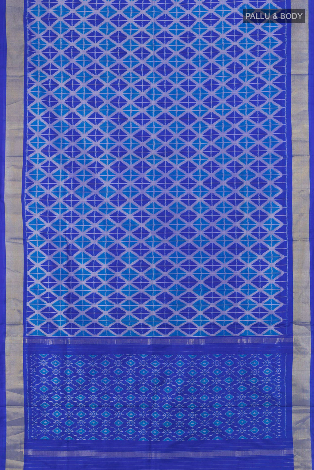 Flat view of Royal Blue Pochampally Silk Saree with Pure Ikat on the body and Zari Border. 