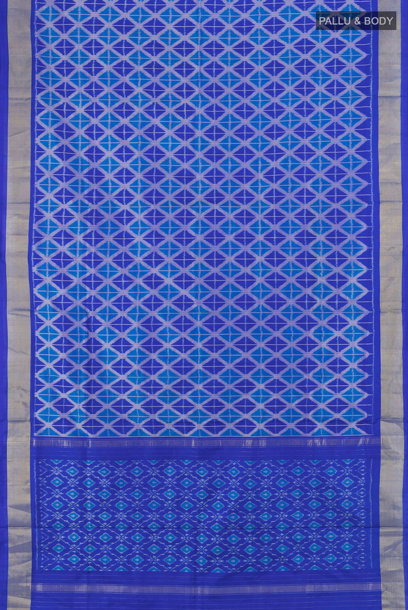 Flat view of Royal Blue Pochampally Silk Saree with Pure Ikat on the body and Zari Border. 