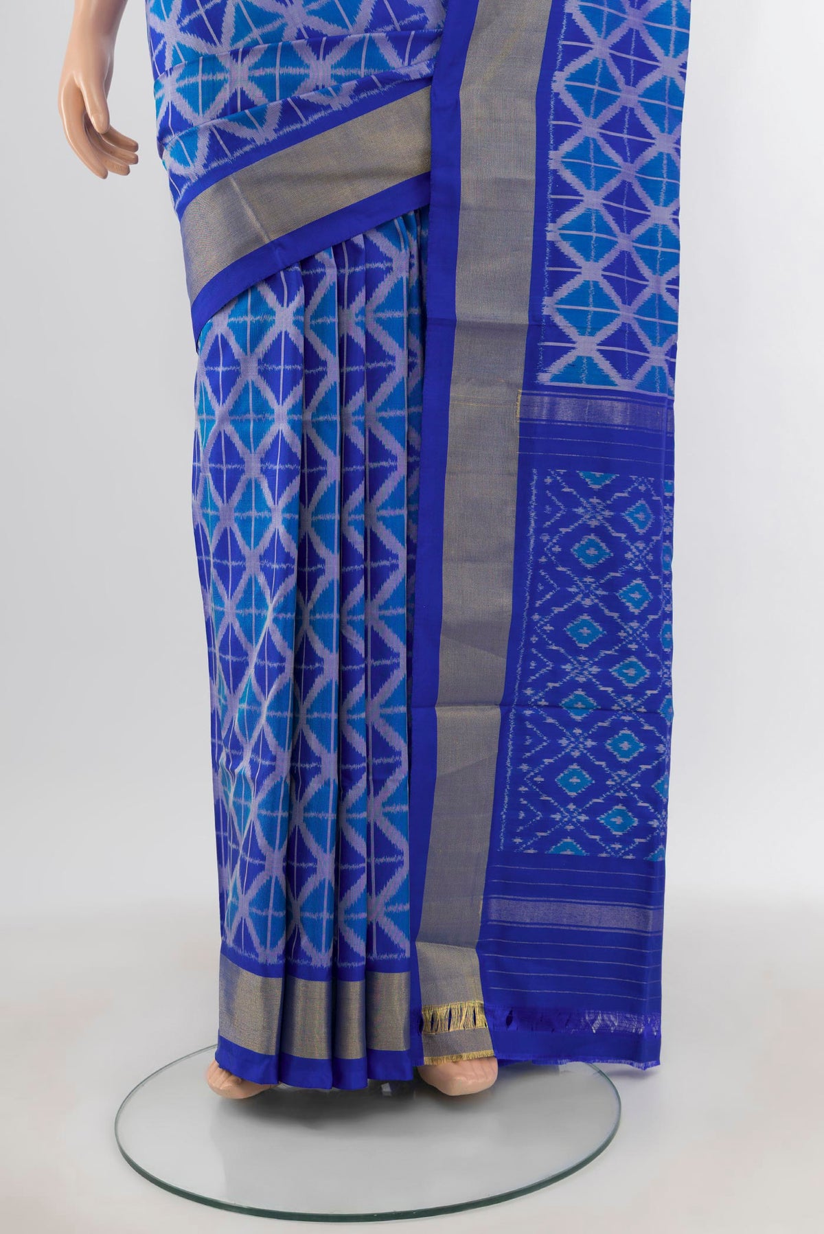Pleats and pallu of Royal Blue Pochampally Silk Saree with Pure Ikat on the body and Zari Border. 