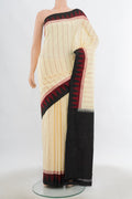 Cream Pochampally Saree with Ikat Print on the body and Fancy Border.  displayed on a mannequin