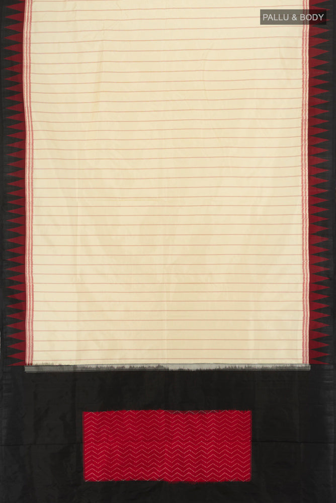 Flat view of Cream Pochampally Saree with Ikat Print on the body and Fancy Border. 