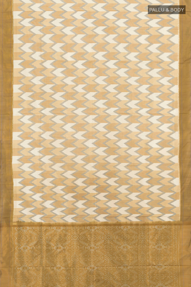 Flat view of Pure Silk Pure Zari Multi Color Pochampally Saree with Ikat Print on the body and Silk Border. 