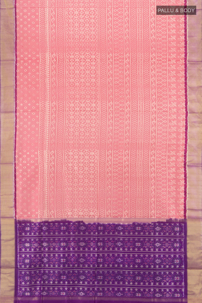 Flat view of Pure Silk Pure Zari Multi Color Pochampally Saree with Ikat Print on the body and Silk Border. 