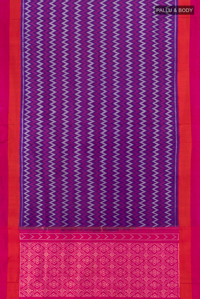 Flat view of Pure Silk Pure Zari Dark Blue Pochampally Saree with Ikat Print on the body and Silk Border. 