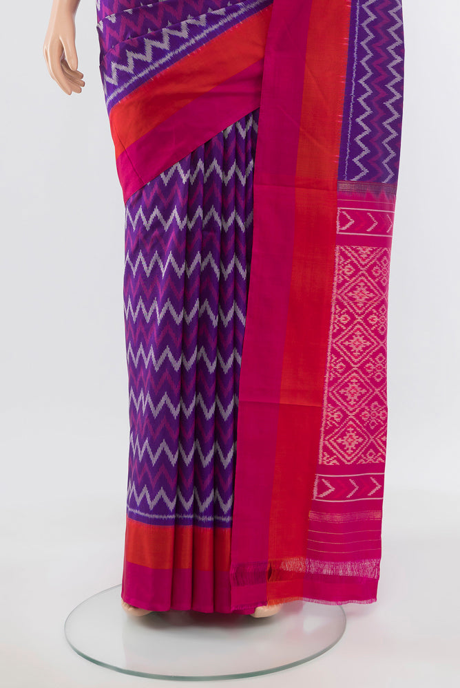 Pleats and pallu of Pure Silk Pure Zari Dark Blue Pochampally Saree with Ikat Print on the body and Silk Border. 