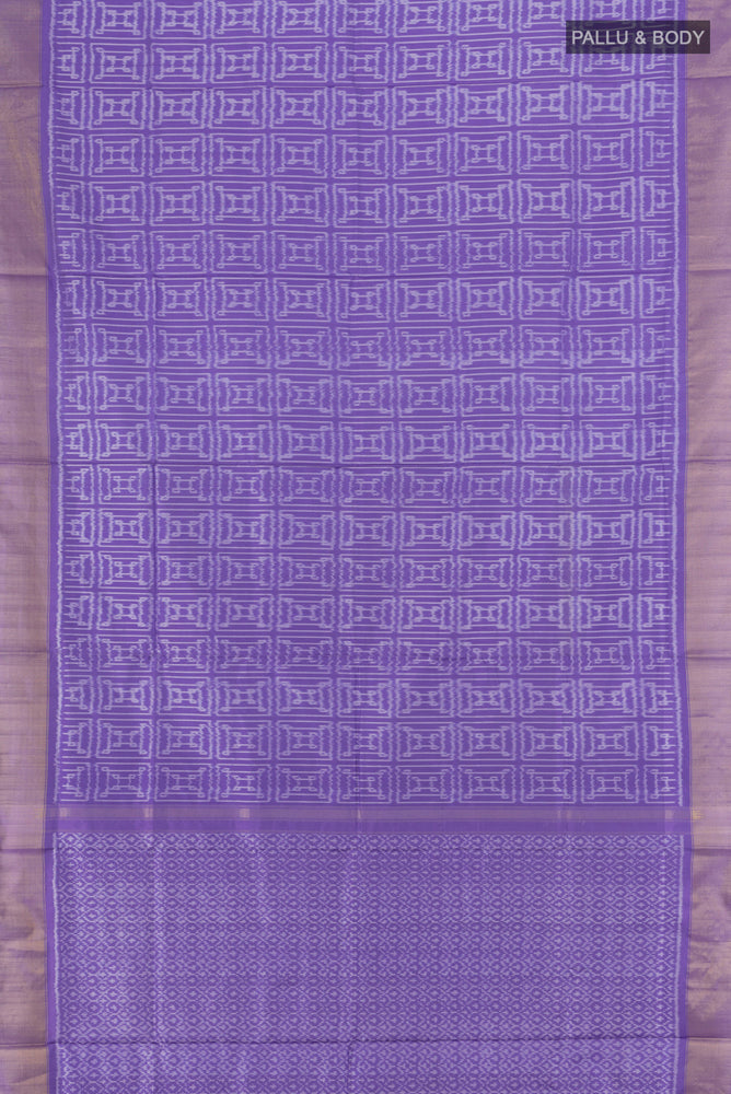 Flat view of Lavender Pochampally Saree with Ikat Print on the body and Silk Border. 