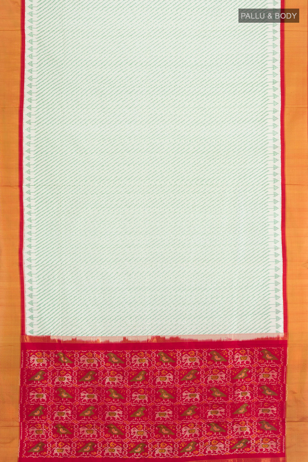 Flat view of Cream Pochampally Silk Saree with Ikat Print on the body and Silk Border. 